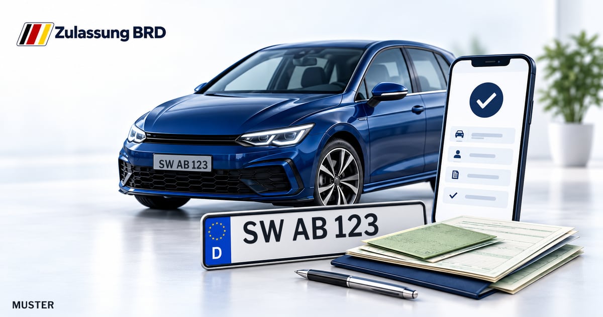 Online Fahrzeugzulassung in Werneck: Musterkennzeichen SW AB 123, Auto und Fahrzeugpapiere und Smartphone. Illustration mit Logo von Zulassung BRD.